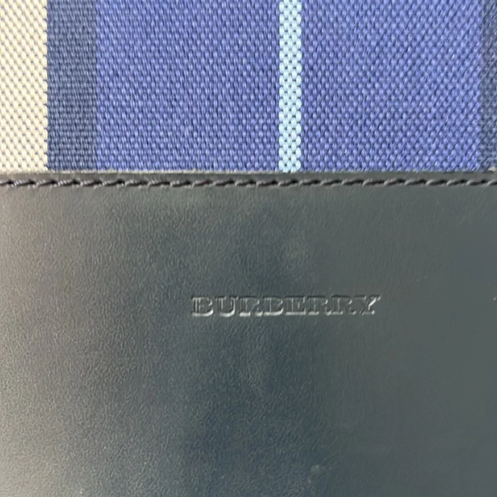 Burberry Navy Blue Striped Tote with Black Leather Pocket - Picture 6 of 12